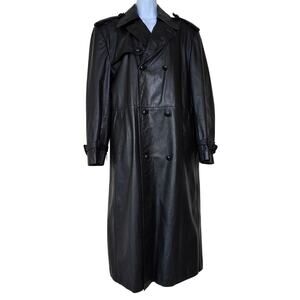 Vintage Black Leather Trench Coat Mid Calf Length Lined Long Jacket Women's L